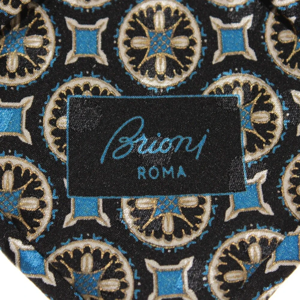 Brioni NWOT Neck Tie in Blues & Cream Geometric Print 100% Silk Made in Italy